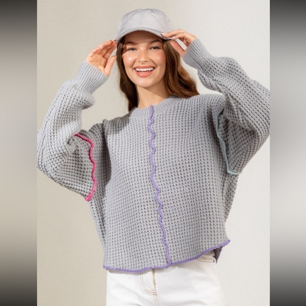 Very J Stitch Detail Casual Round Neck  Sweater, Grey